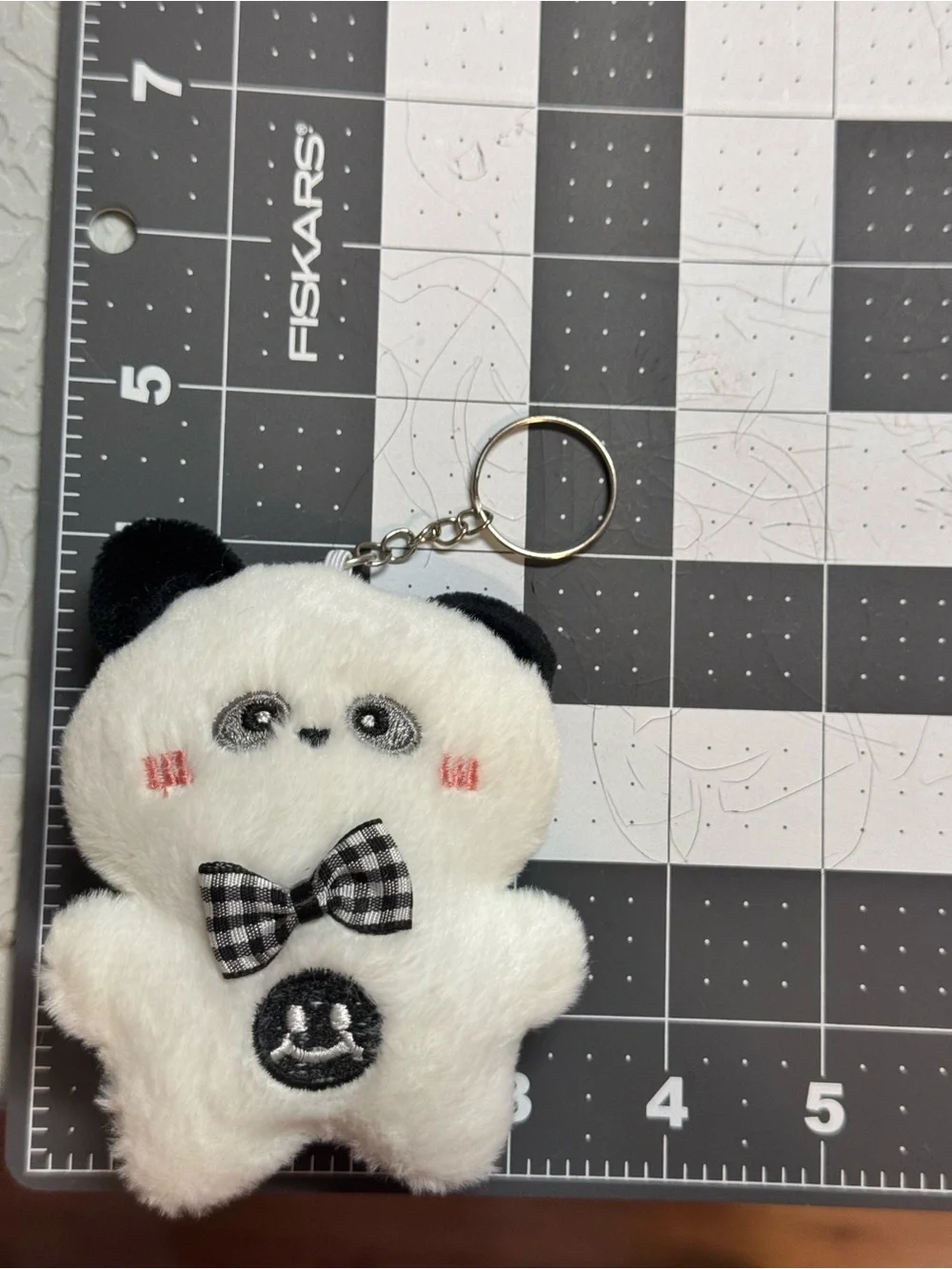 NIP Cute Panda Plush Keychain Bag Charm Gingham Bow Smiley Patch